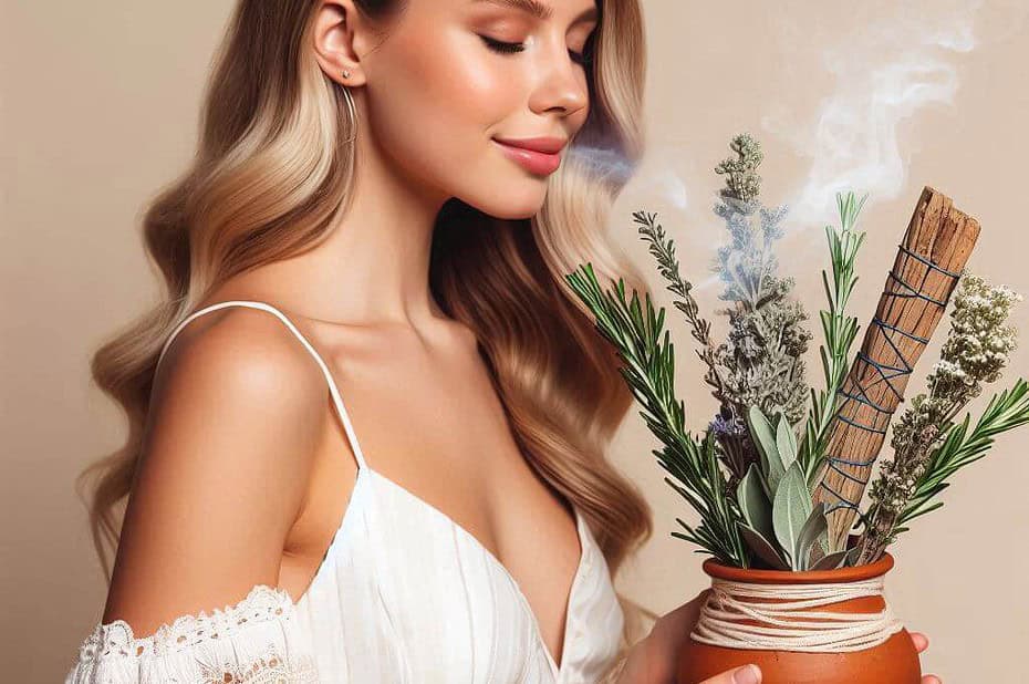 Muejr Rubia disfruta del aroma de los inciensos de plantas naturales